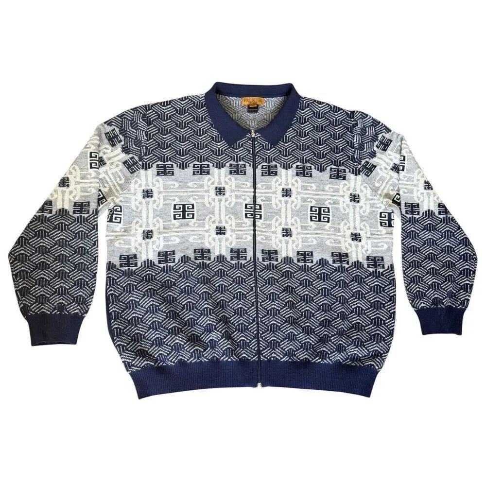 Prestige Original 4XL Luxury Wool Greek Key Geometric Full Zip Sweater NWOT $330